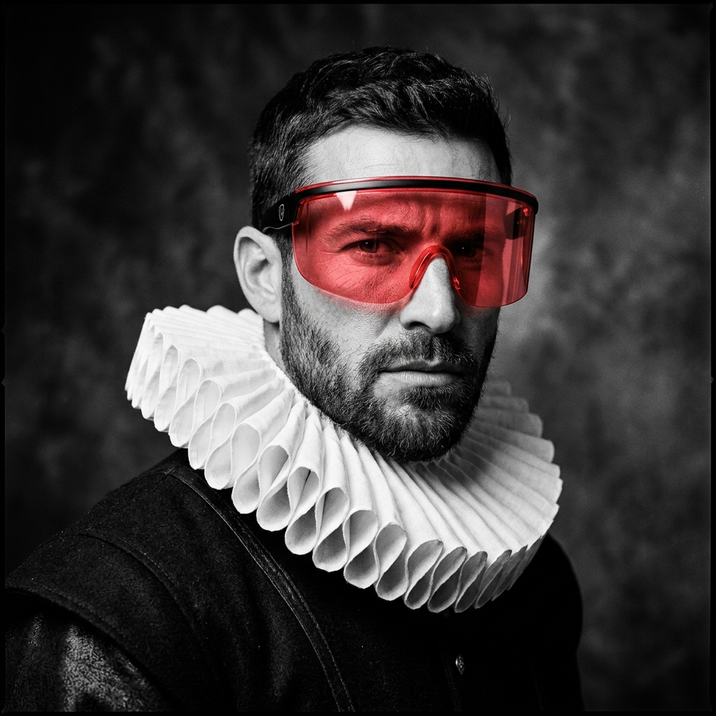 Surreal portrait with red visor overlay