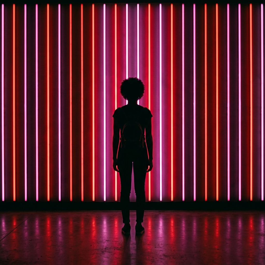 Dark silhouette in front of red striped background