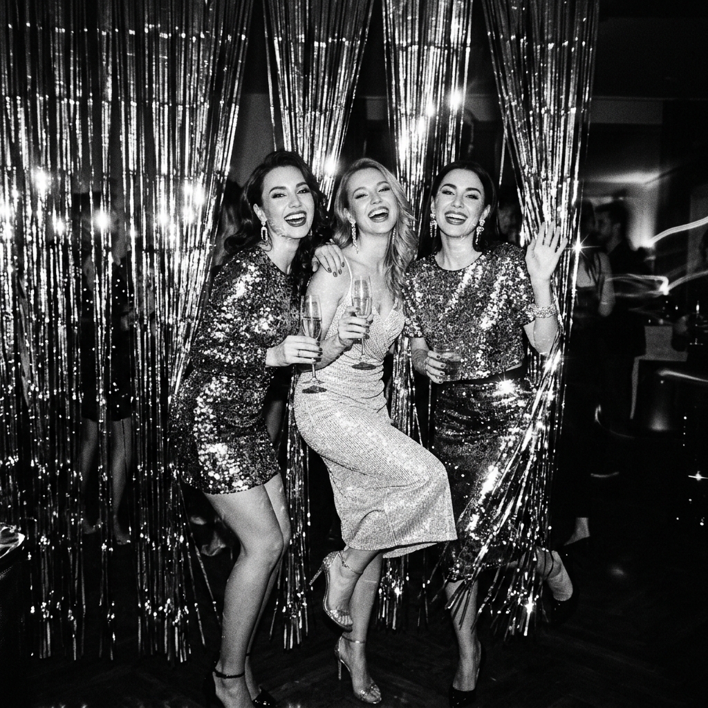 Glamorous women posing in front of tinsel curtains